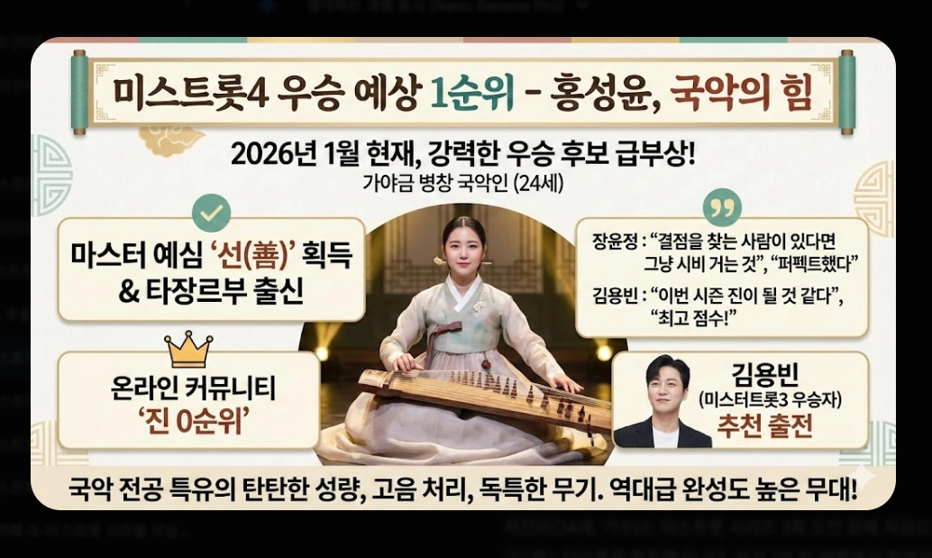 미스트롯4 우승 예상: [2026년 최신] 홍성윤&middot;허찬미 TOP5 및 다크호스 완전 분석