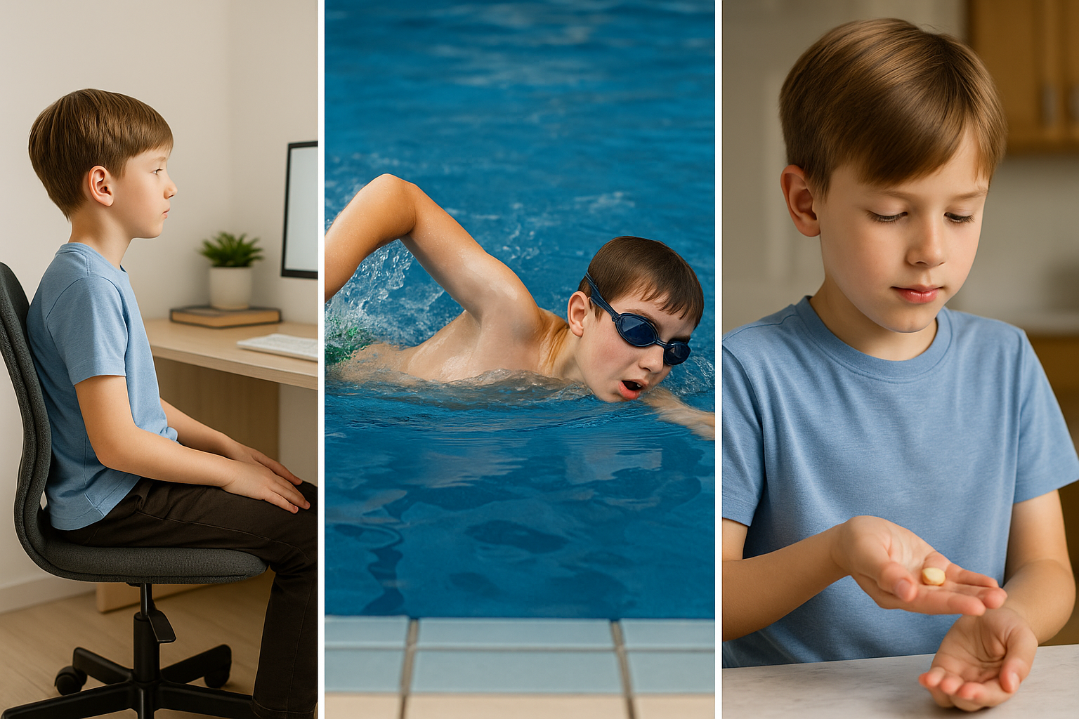 아이가 책상에 앉아있는 이미지, 수영장에서 수영하는 이미지, 비타민을 먹는 이미지