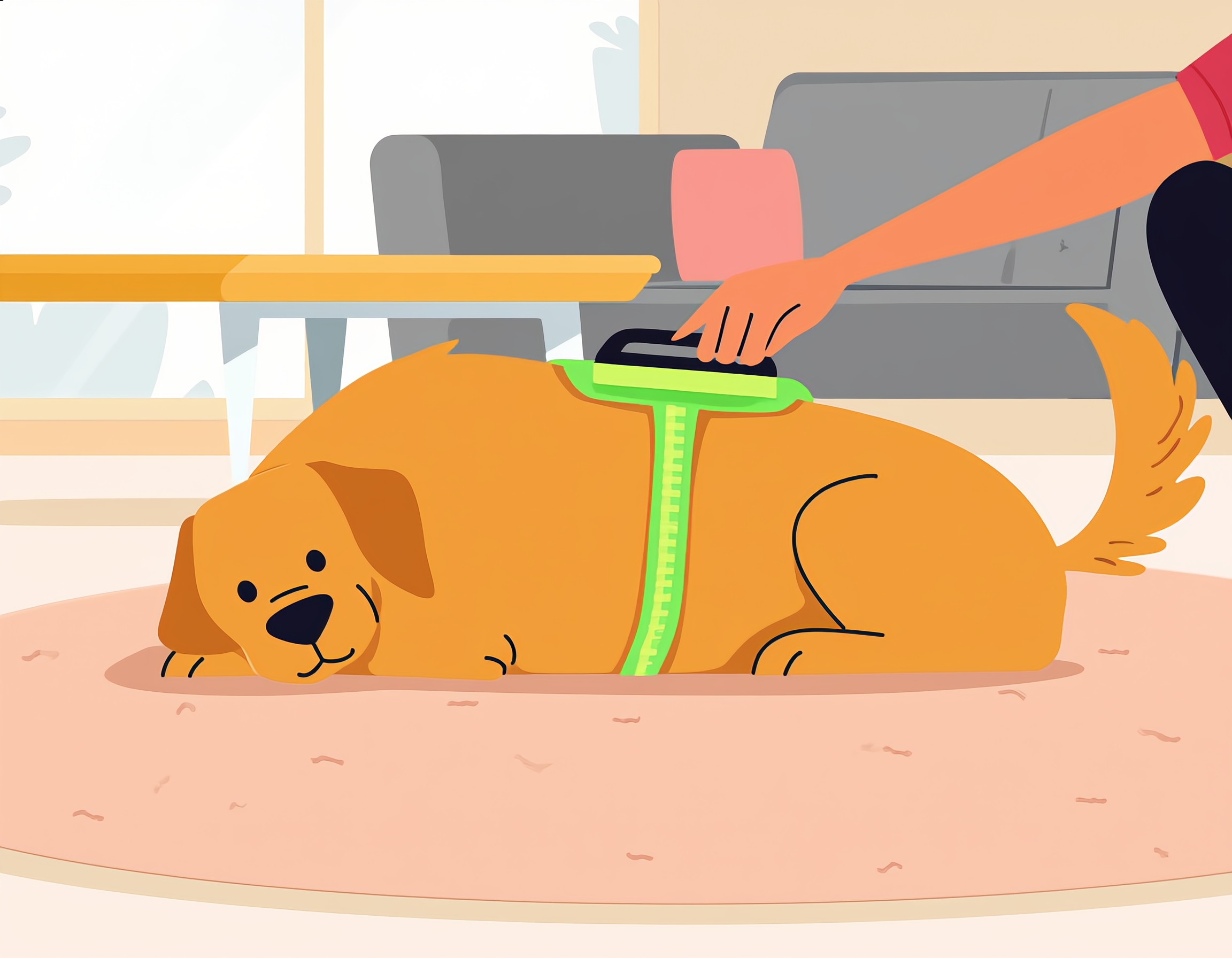 잘 맞는 하네스를 착용한 강아지가 편안하게 엎드려 보호자와 교감하는 모습