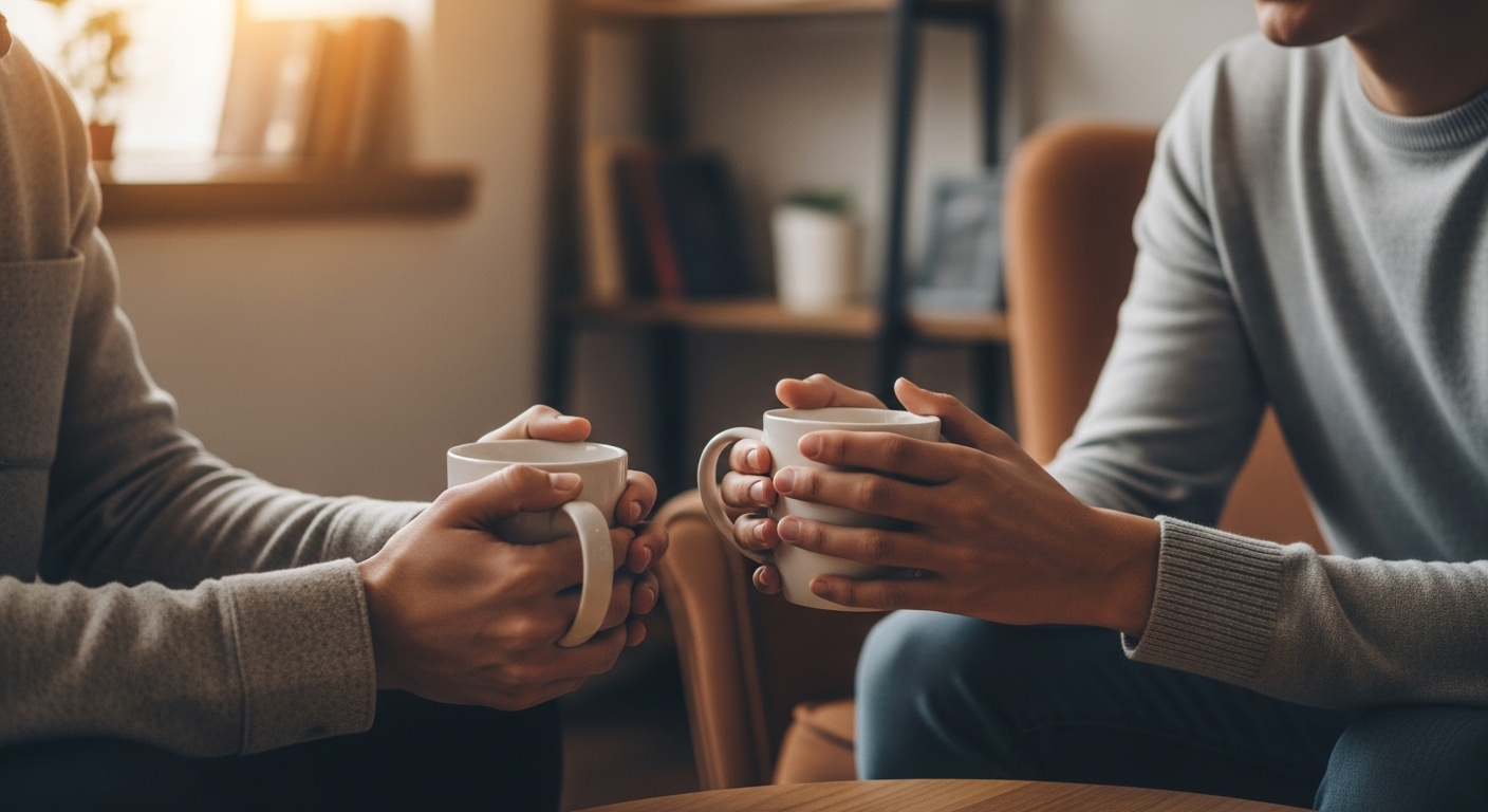 따뜻한 차를 마시며 진솔한 대화를 나누는 두 사람, 전문가의 도움과 정서적 지지를 상징하는 이미지.