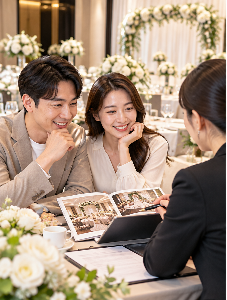 예비부부가 웨딩 상담사와 결혼식장 시설과 계약 조건을 상담하는 모습
