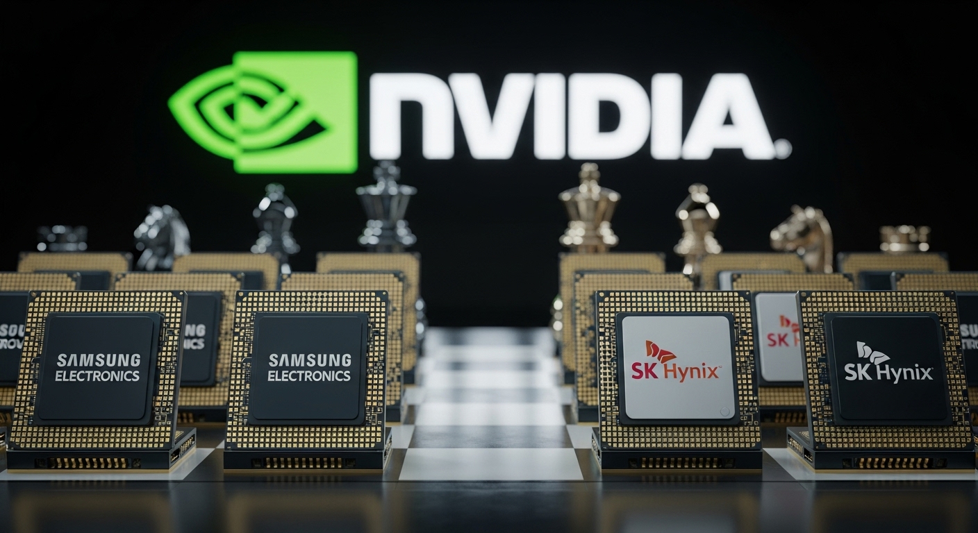 Chessboard layout with chips bearing Samsung Electronics and SK Hynix logos facing off, with the Nvidia logo in the background.