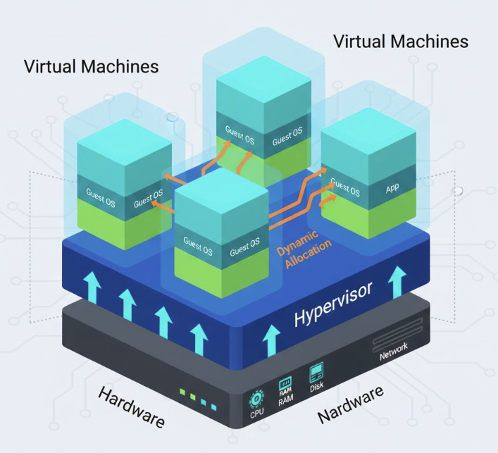 물리 하드웨어 자원을 하이퍼바이저가 추상화하여 다수의 독립된 가상 머신(VM)에 동적으로 할당하고 격리하는 기술 구조를 설명하는 인프라 아키텍처 다이어그램.