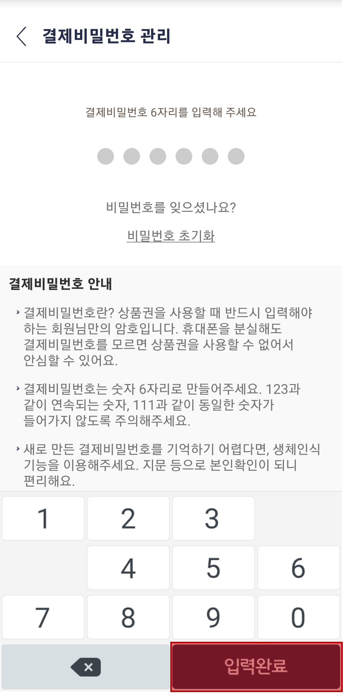 결제시-결제비밀번호-입력-화면