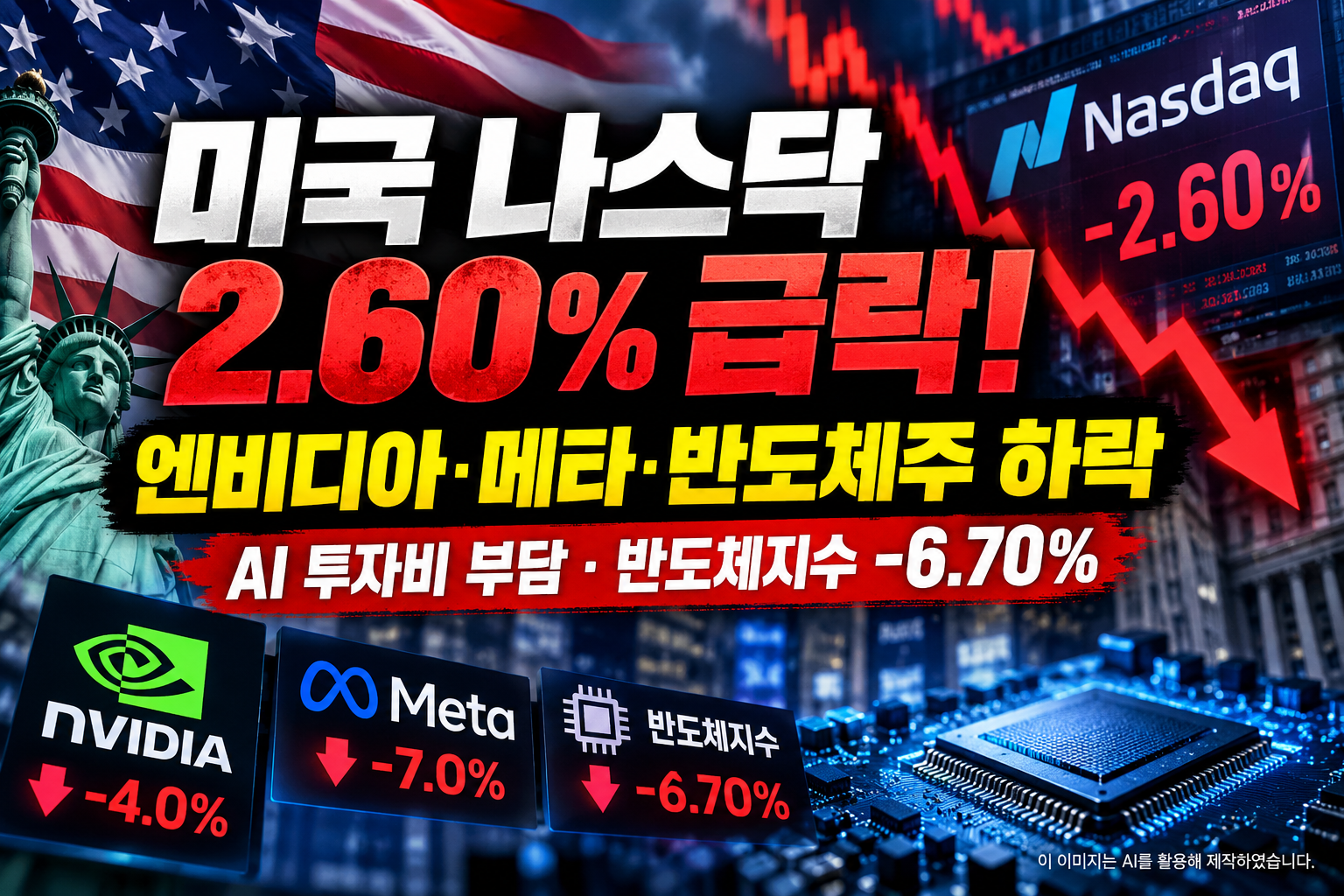 2026년 10월 미국 나스닥지수 2.60% 급락과 엔비디아&middot;메타 주가 하락, 필라델피아 반도체지수 6.70% 하락을 표현한 미국 증시 분석 이미지