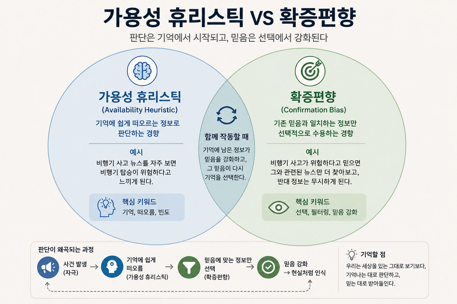가용성 휴리스틱과 확증편향의 차이와 관계를 비교한 인포그래픽. 기억에서 시작된 판단이 확증편향을 통해 믿음으로 강화되는 과정을 설명한 도표.