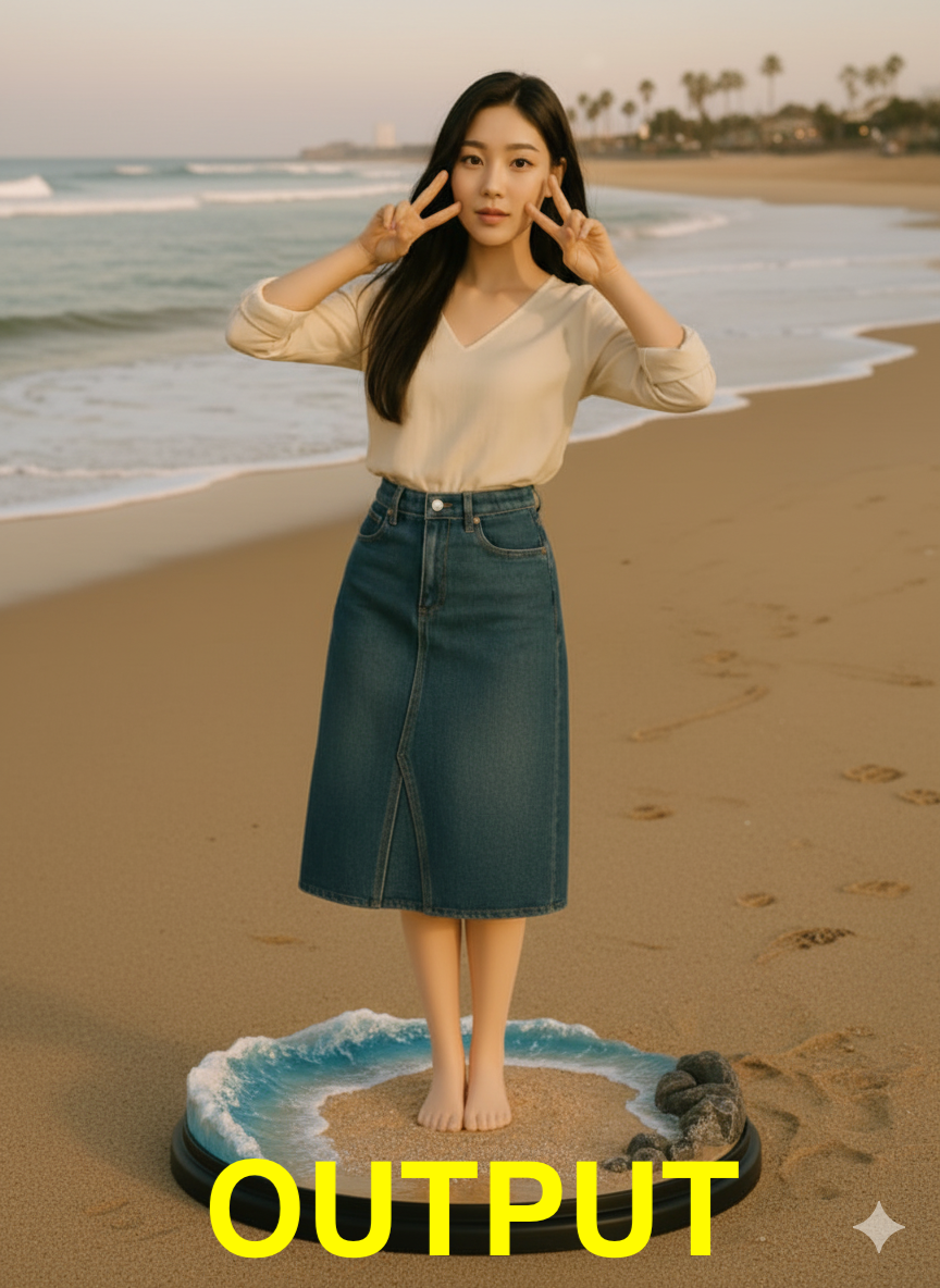 나노바나나 사용 후 샘플 이미지(해변배경에 서 있는 한국여성의 피규어 이미지)