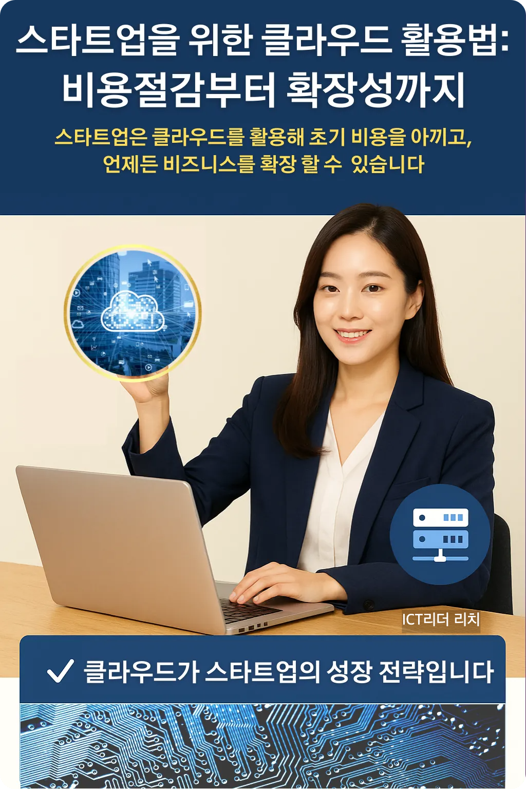 스타트업을 위한 클라우드 활용법 인포그래픽, 여성 모델이 클라우드 아이콘을 가리키는 장면