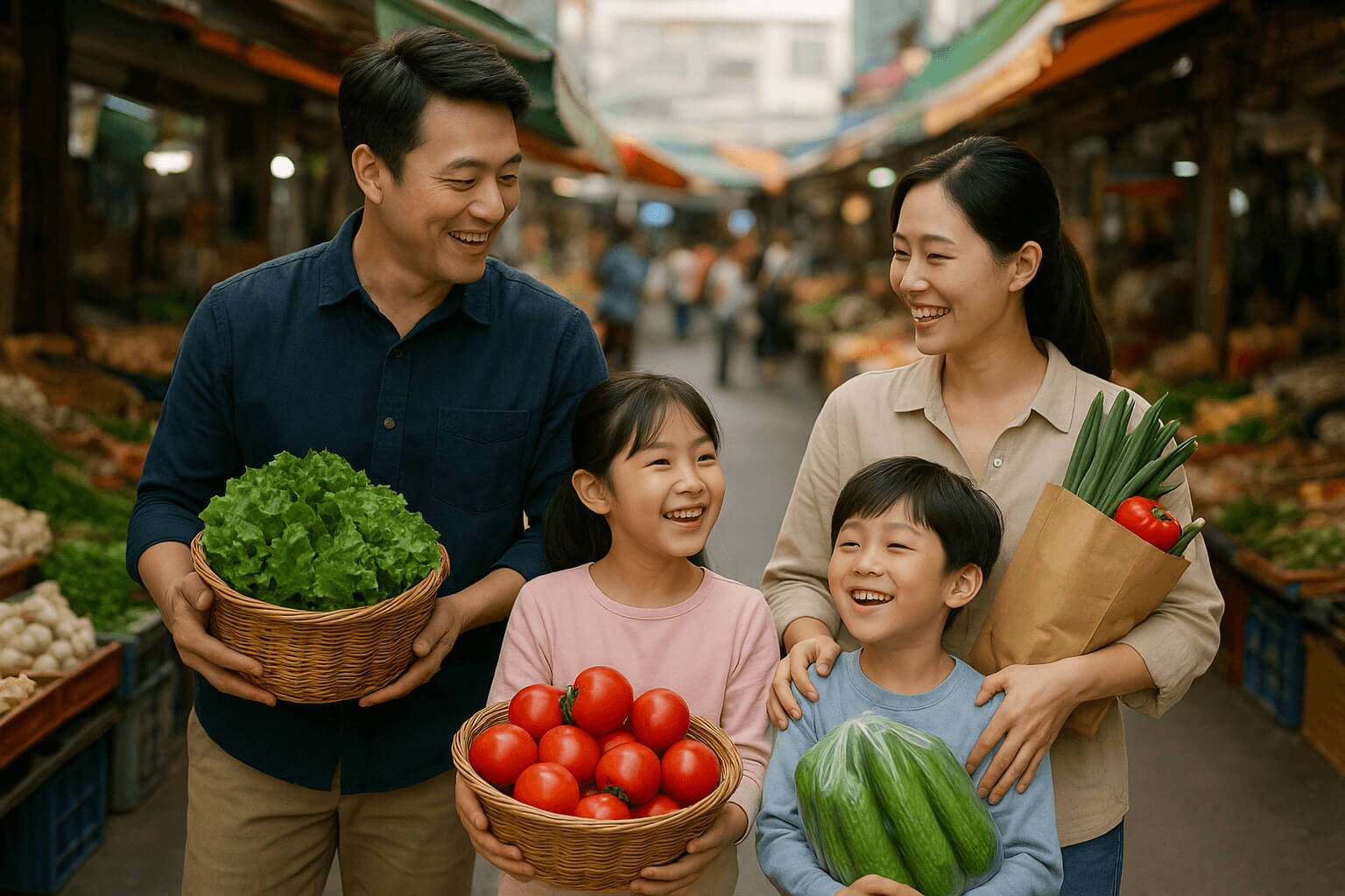 시장 장보기 가족 이미지