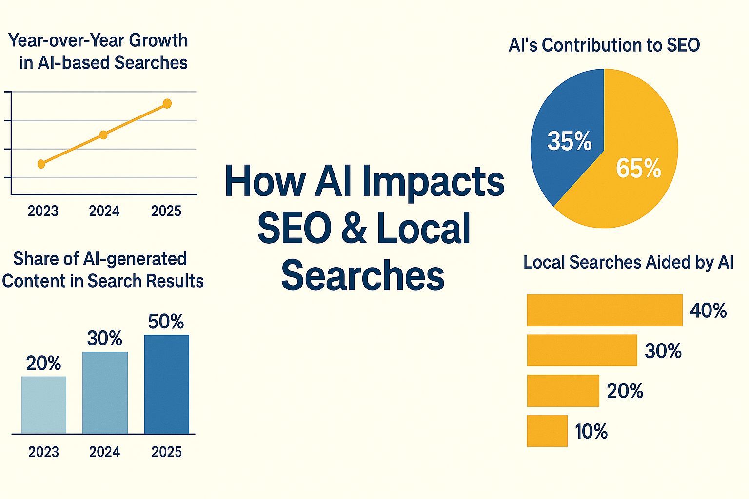 Graphs and histograms showing how AI has been impacting SEO and local searches from 2023 to 2025.