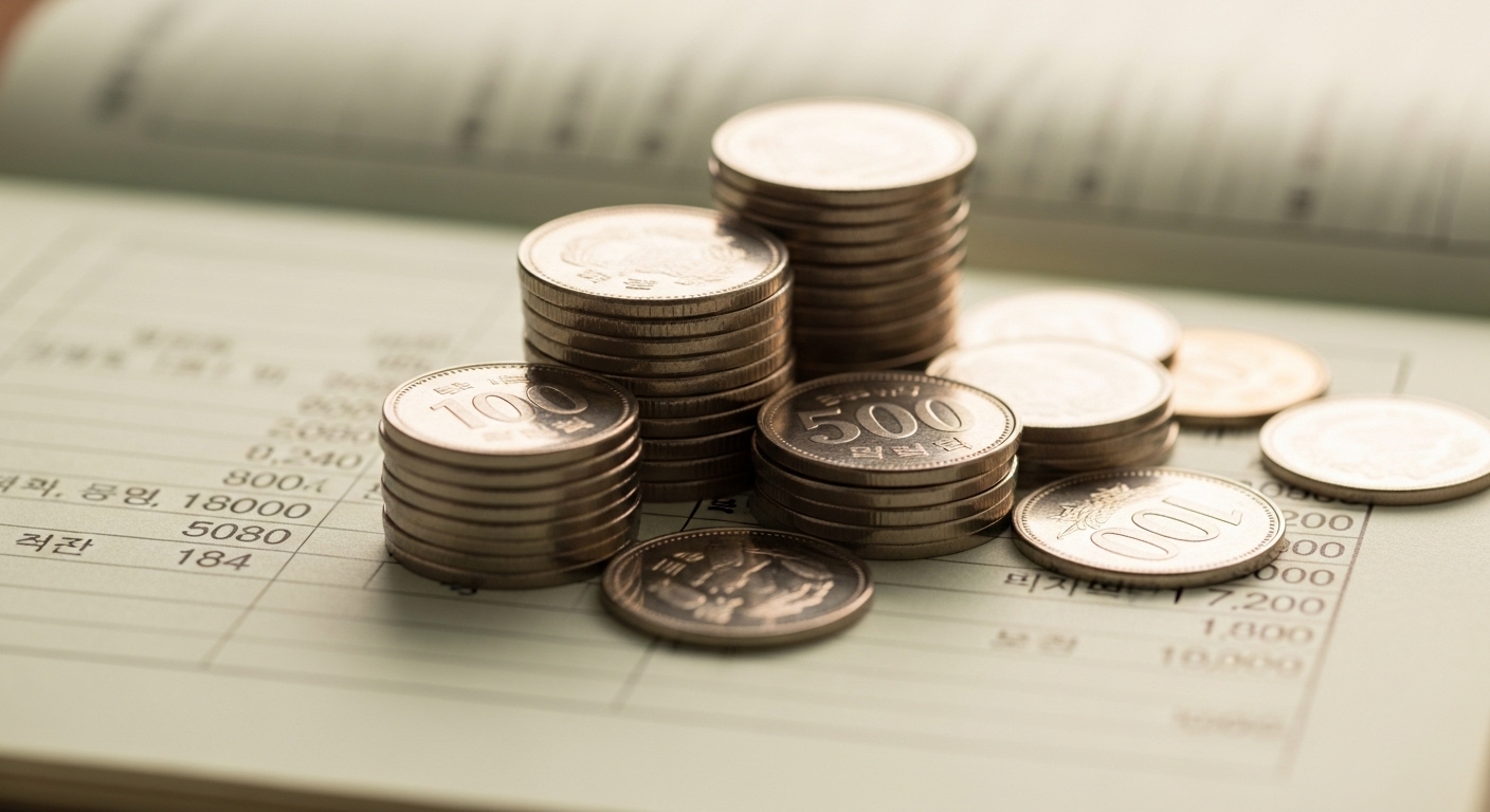 잔고가 찍힌 통장 위에 다양한 동전이 쌓여있는 모습
