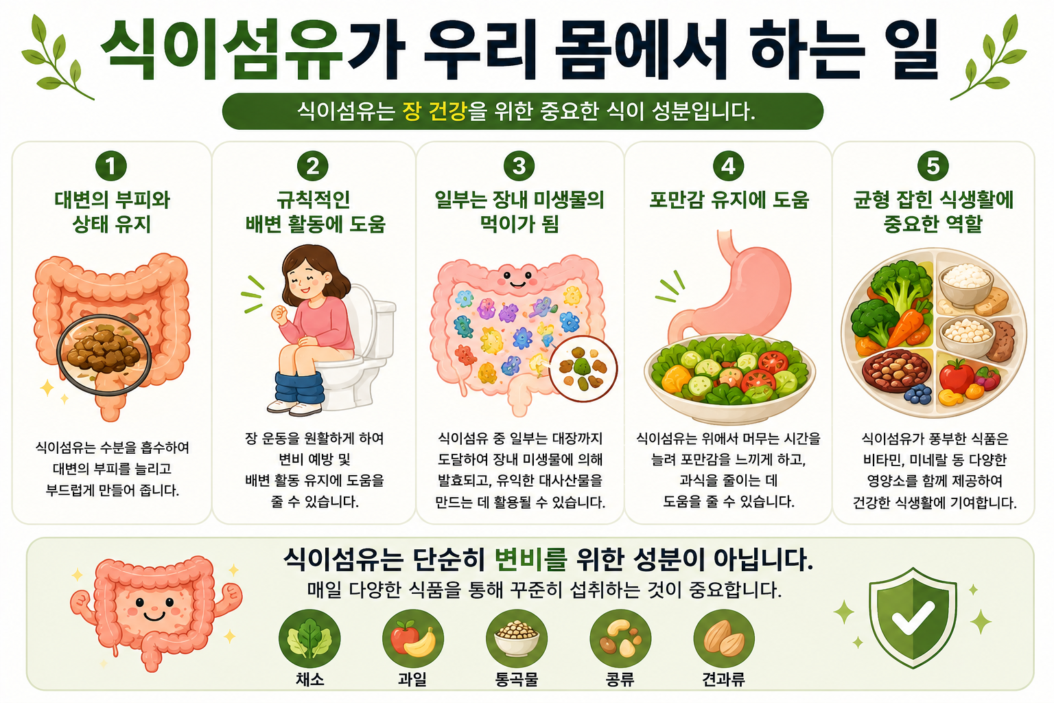 식이섬유의 배변과 장내 발효 역할을 설명하는 그림