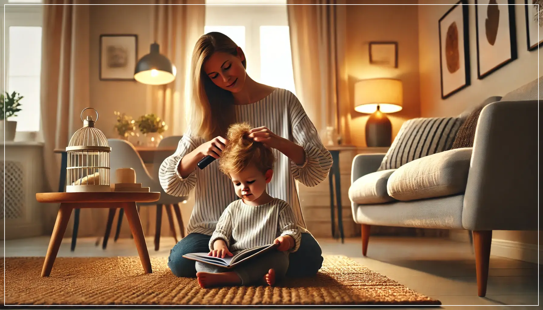 아늑한-거실에서-엄마가-아이의-머리를-손질해주는-모습.-아이는-편안하게-앉아-책을-읽으며-집중하고-있는-모습.