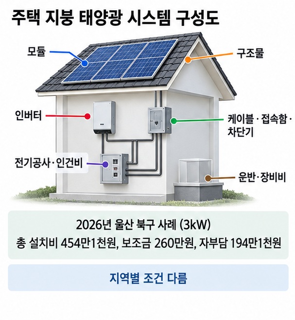 3kW 주택용 태양광 설치비에 패널 인버터 구조물 케이블 전기공사 운반비가 포함되는 구조를 보여주는 이미지