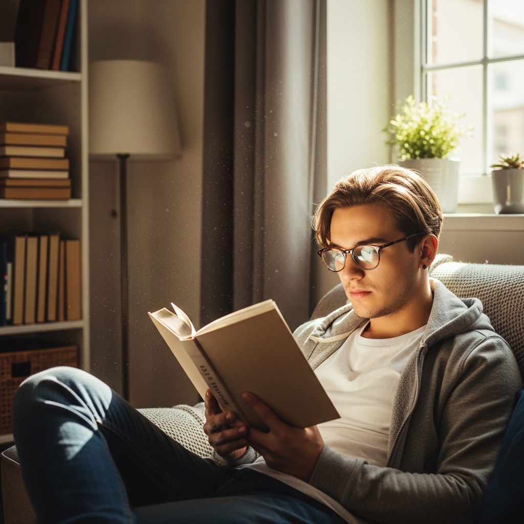 정돈된 환경에서 스마트폰 없이 책에 몰두하는 사람의 모습