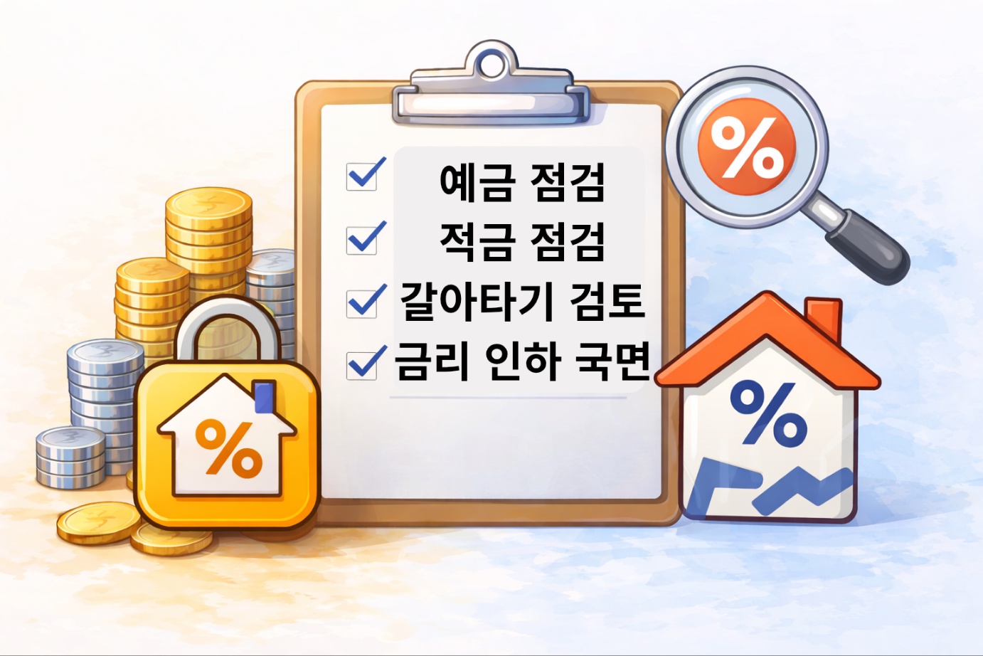 금리 인하 국면에서 예금 점검, 적금 점검, 갈아타기 검토를 체크리스트로 정리한 금융 점검 이미지