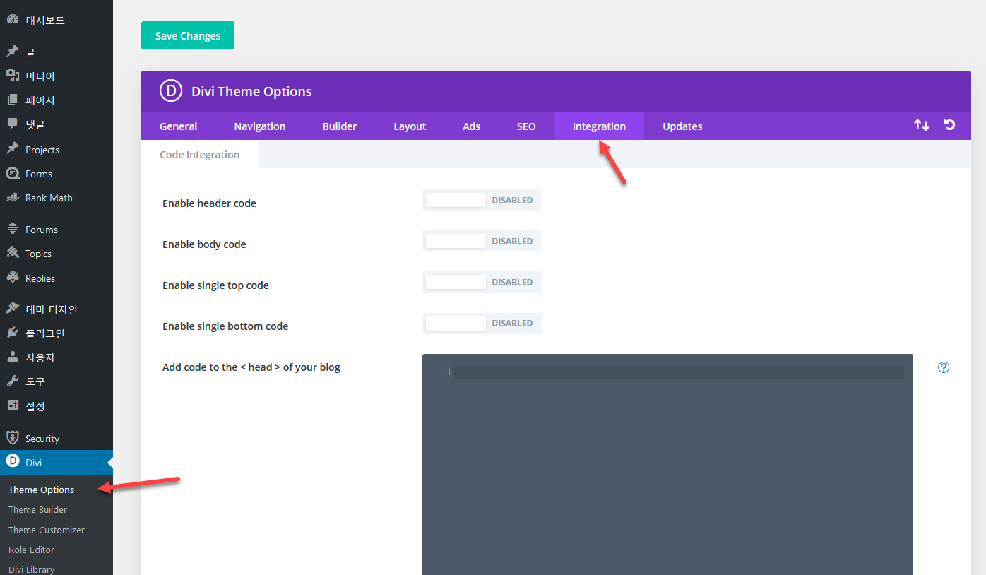워드프레스 Divi 테마에 HTML/자바스크립트 코드 추가 방법