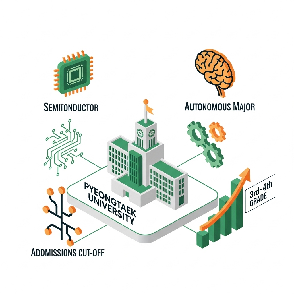 2026학년도 평택대학교 정시 등급 예측 및 반도체, 자율전공 합격선을 나타내는 3D 인포그래픽 이미지.