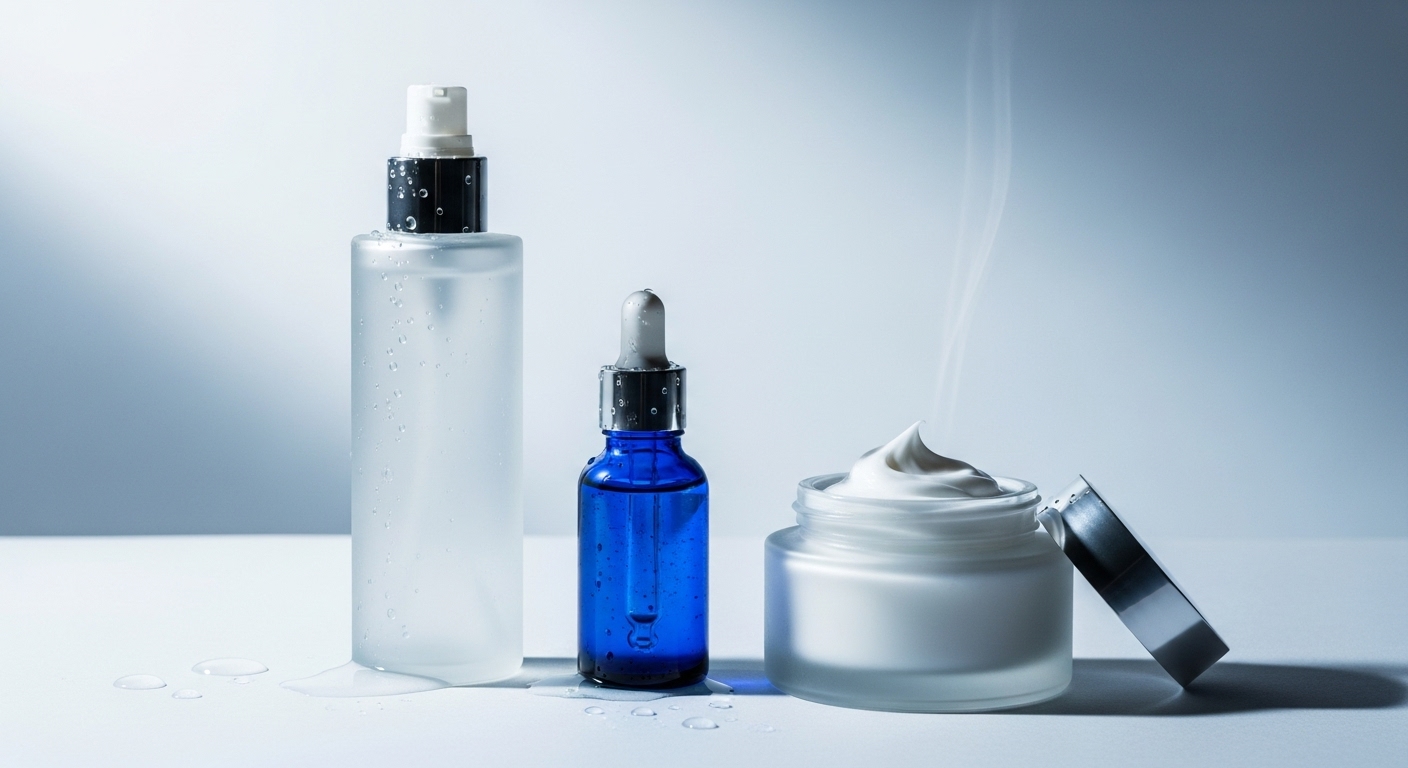 수분 토너, 앰플, 고보습 크림 등 다양한 스킨케어 제품이 정돈된 모습. 촉촉한 보습 케어를 위한 필수 아이템들이다.