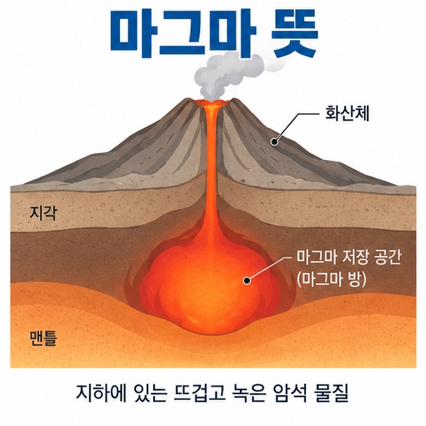 마그마 뜻 문구와 지하 마그마 지표 용암 화산을 함께 보여주는 대표 지구과학 인포그래픽