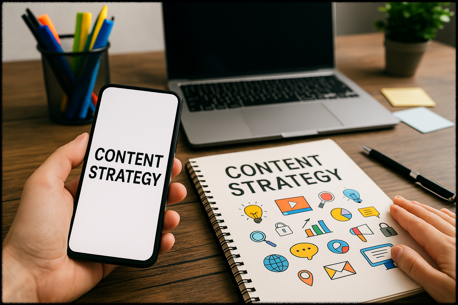 스마트폰으로 부업 콘텐츠를 기획하는 작업 공간