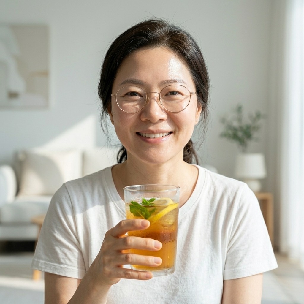 밝은 거실에서 50대 한국 여성이 민트가 든 시원한 음료 잔을 들고 열감이 진정된 편안한 표정으로 미소 짓는 16:9 비율의 실사 사진.
