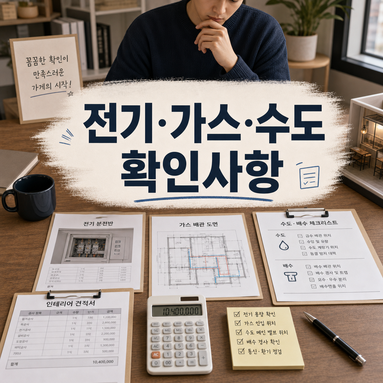가게 오픈 전 전기 가스 수도 배수 시설과 추가공사비를 확인하는 예비 창업자 이미지