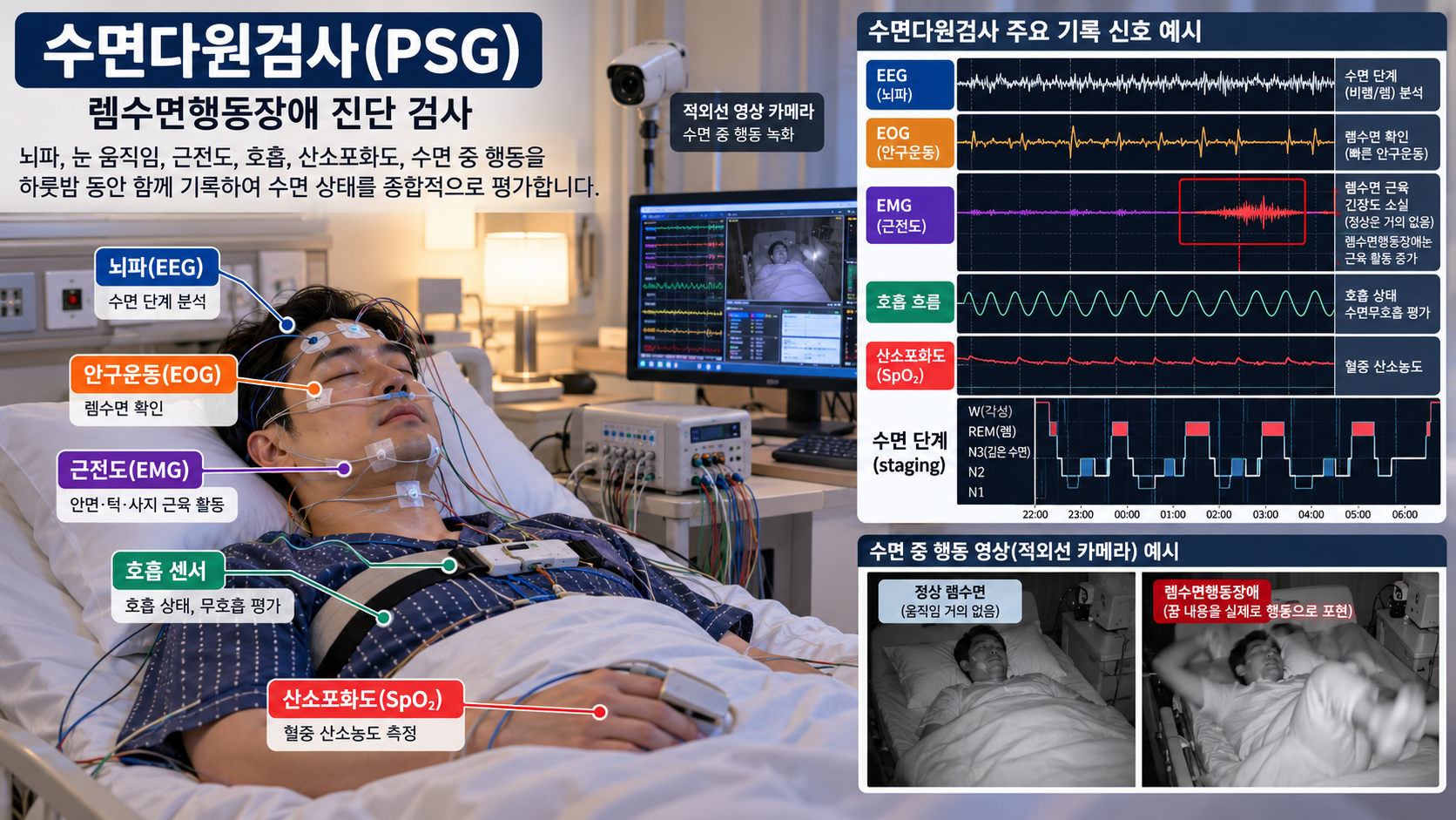 렘수면행동장애 진단에 활용되는 비디오 수면다원검사 과정