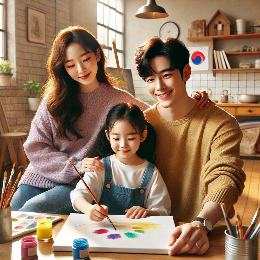 아늑한 예술 작업실에서 딸이 캔버스에 그림을 그리는 모습. 부모는 딸을 따뜻하게 응원하며 미소 짓는 가족