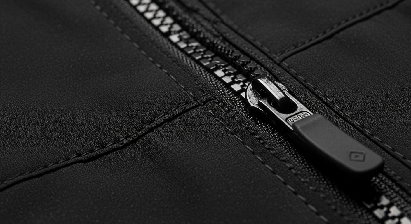 기능성 방수/투습 소재의 지퍼 디테일을 클로즈업한 바람막이