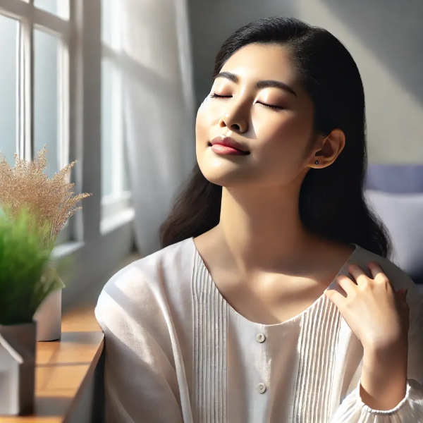 창가에서 눈을 감고 햇빛을 즐기며 피부를 진정시키는 동양인 여성