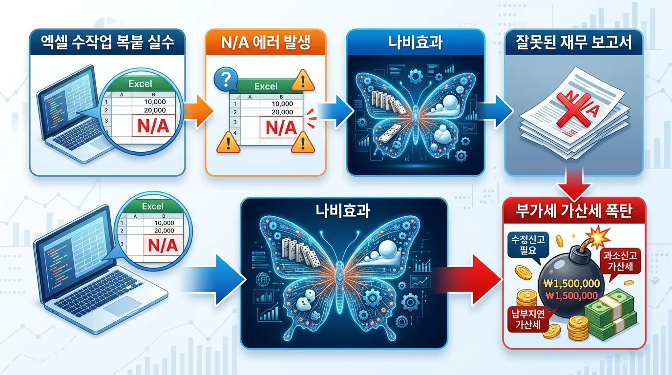 엑셀 수작업 복붙 실수로 인해 NA 에러가 발생하고, 이것이 나비효과가 되어 부가세 가산세 폭탄으로 이어지는 구조도