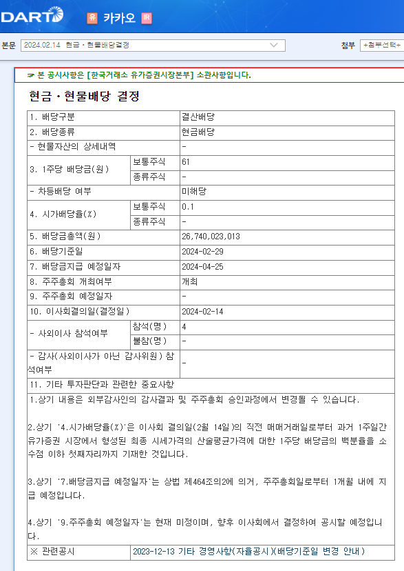 카카오 배당 배당금 배당일 실적 공시