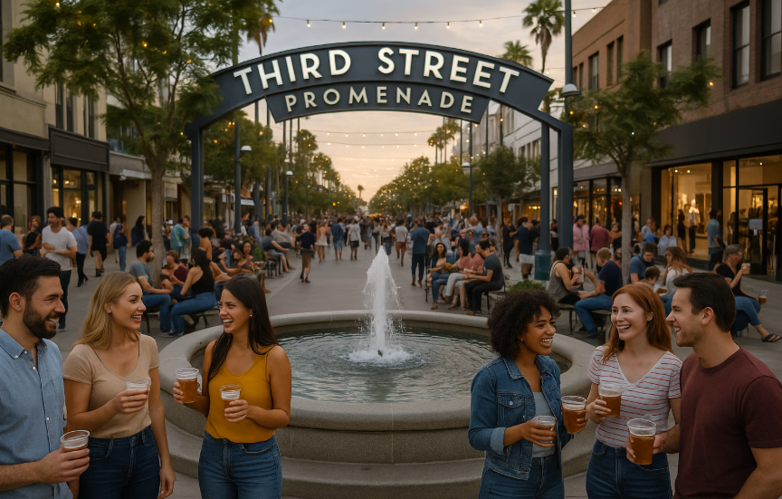 산타모니카 3rd Street Promenade 입구의 분수대 앞에 사람들이 삼삼오오 모여 야외에서 술을 마시며 즐거운 시간을 보내고 있는 장면 이미지