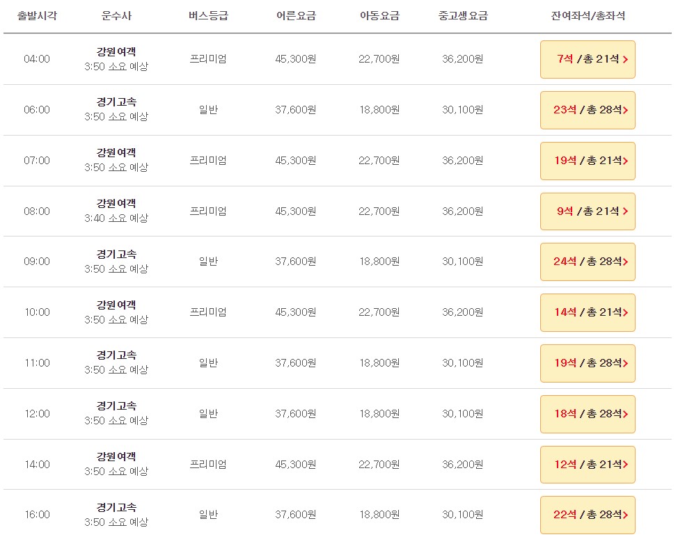 강릉 인천공항 리무진 버스 시간표 요금 예약 방법