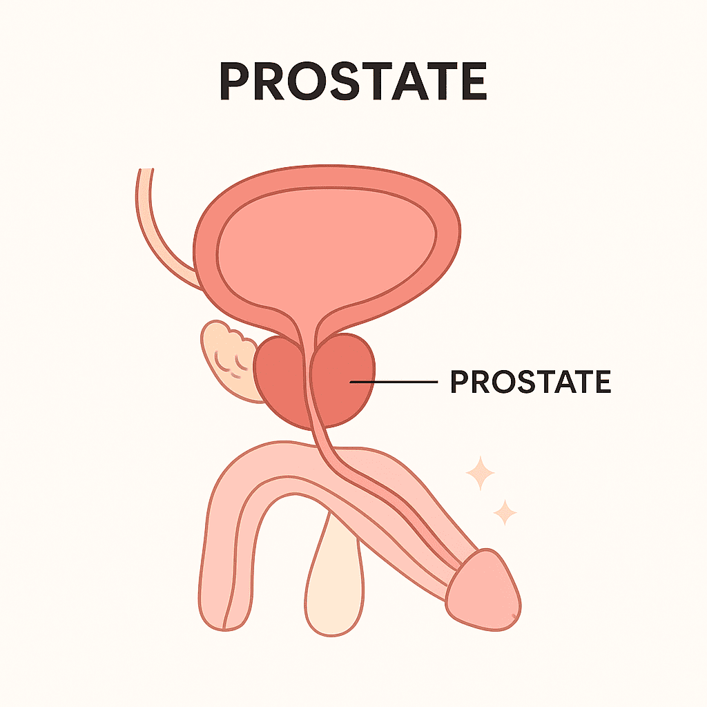 “남성 골반 해부학 이미지. 방광 아래 위치한 전립선이 요도를 감싸고 있으며 방광·요도·직장과의 위치 관계가 표시된 의학 일러스트