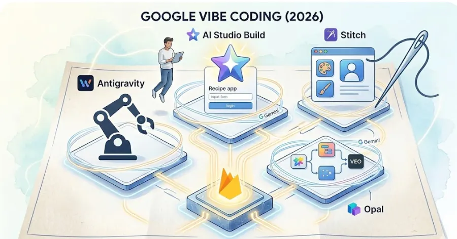 구글 바이브코딩 생태계를 한눈에 보여주는 구조도 일러스트입니다. 중앙의 파이어베이스(Firebase)를 기점으로 4개의 핵심 도구가 유기적으로 연결되어 있습니다. 앱을 구현하는 AI Studio Build, 코딩 에이전트 안티그래비티(Antigravity), UI 디자인 캔버스 스티치(Stitch), 노드 기반 자동화 오팔(Opal)이 제미나이(Gemini)와 함께 풀스택 개발 파이프라인을 형성하는 모습을 시각화했습니다. (Google Vibe Coding ecosystem, AI Studio, Antigravity, Stitch, Opal, Firebase fullstack architecture)
