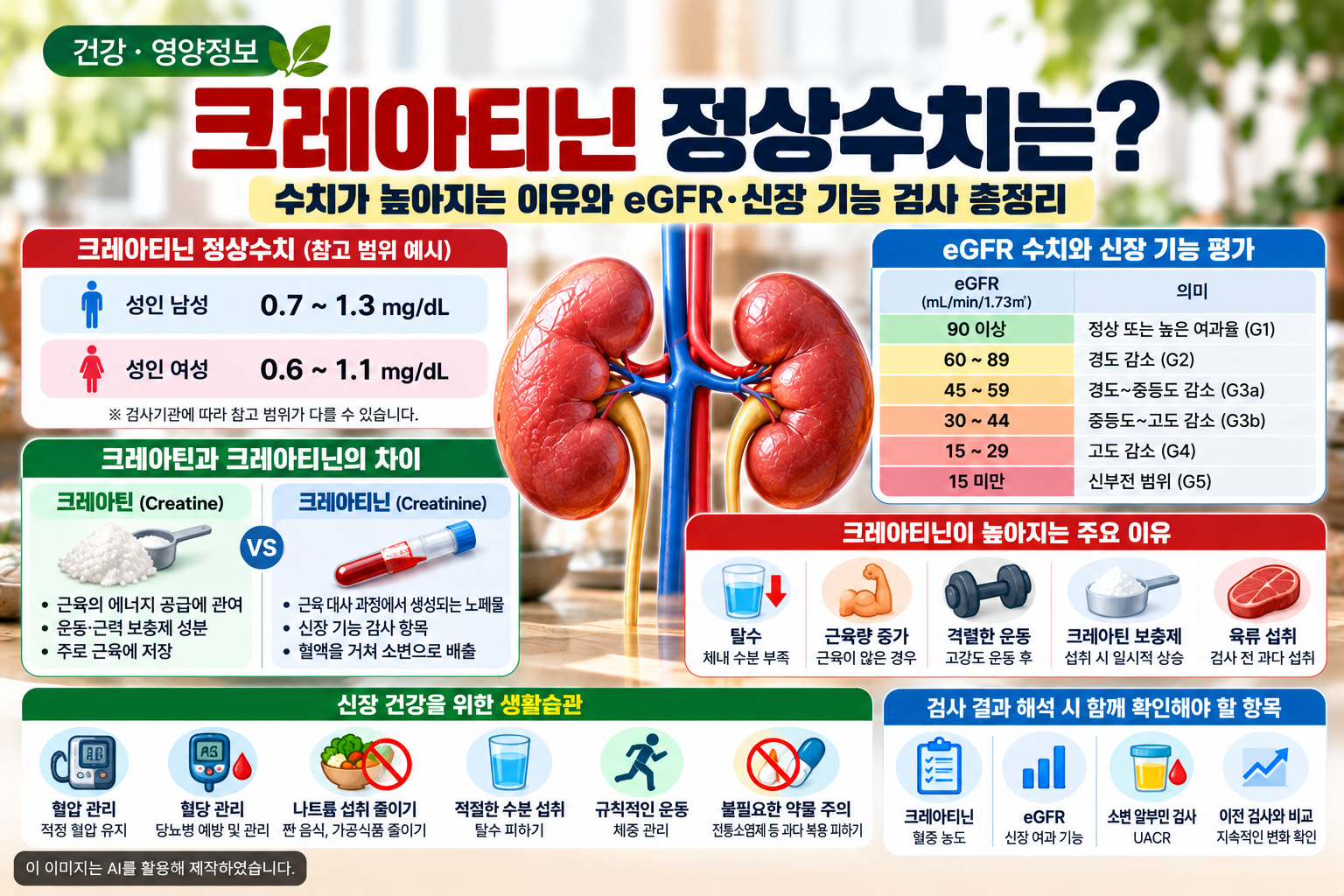 크레아티닌 정상수치와 eGFR 신장 기능 검사 기준, 크레아틴과 크레아티닌의 차이 및 수치가 높아지는 원인과 신장 건강 관리법을 정리한 이미지
