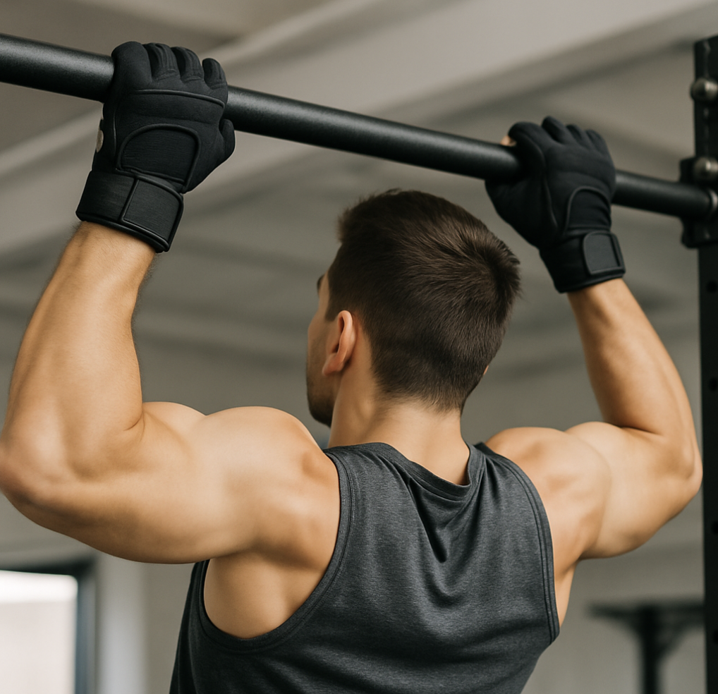 장갑끼고 턱걸이 하는 남자 이미지