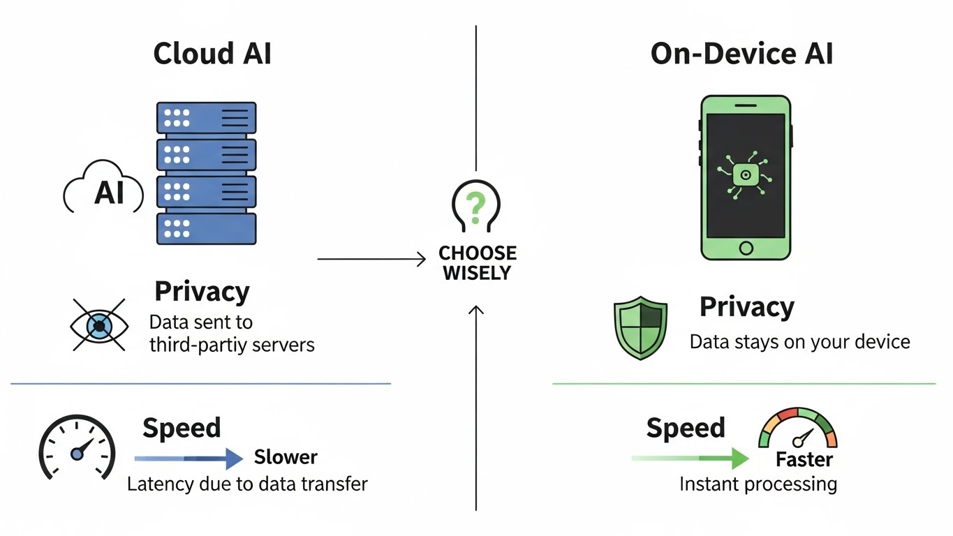 Infographic comparing Cloud AI (Server icon) vs On-Device AI (Phone icon), highlighting 'Privacy' and 'Speed'.