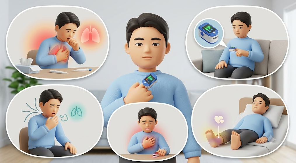 산소포화도 저하 시 기침&middot;발열, 호흡곤란, 부종 등 동반 증상에 따른 원인을 보여주는 3D 일러스트