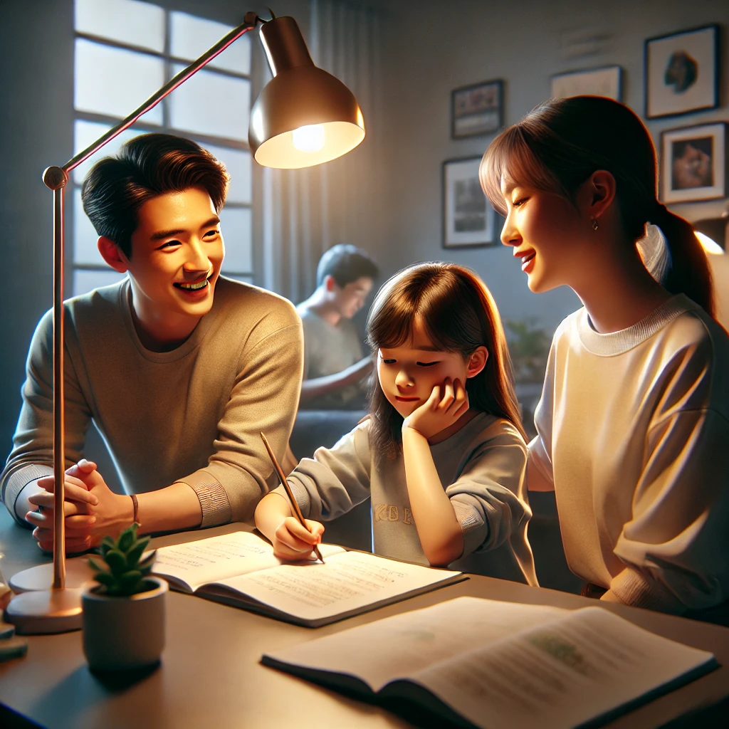 부모가 아이와 대화를 나누며 배움과 성장을 격려하는 모습이 표현되었습니다.