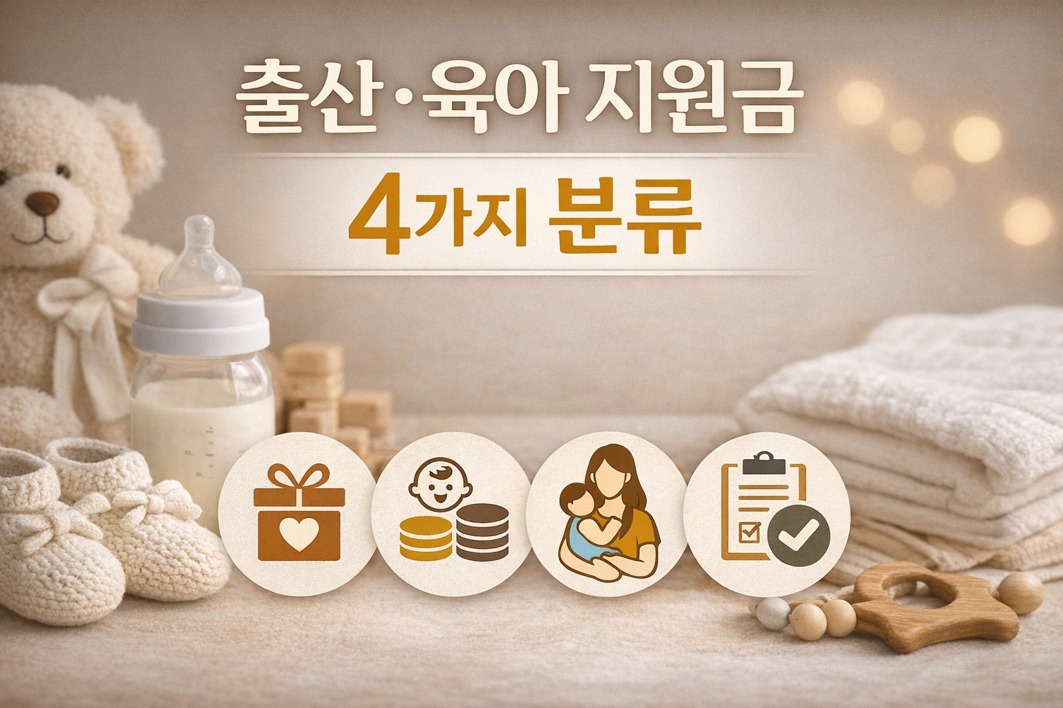 출산·육아 지원금 4가지 분류를 설명하는 대표 이미지, 아기 용품과 아이콘으로 정부 지원 제도를 시각화한 인포그래픽