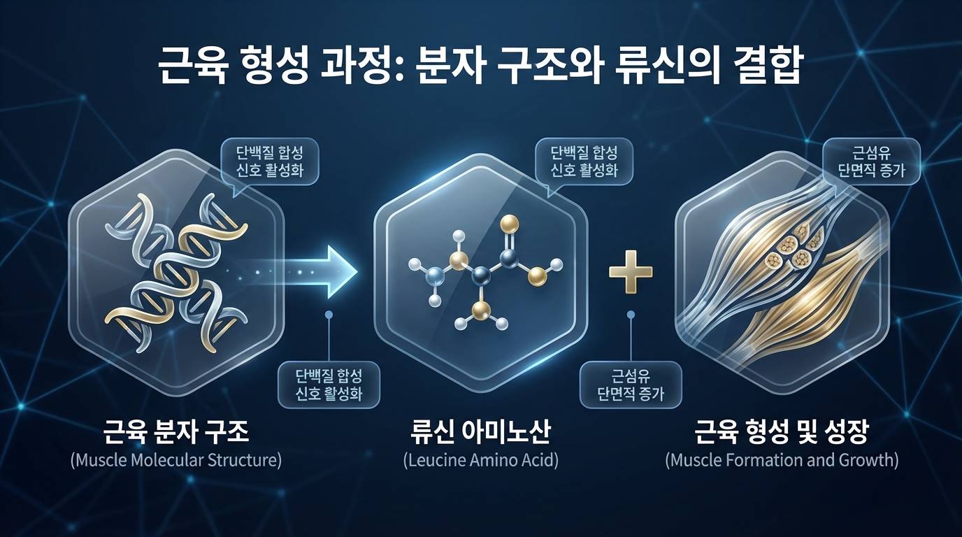 근육 분자 구조와 류신 아미노산이 결합하여 근육이 생성되는 과정을 묘사한 세련된 인포그래픽