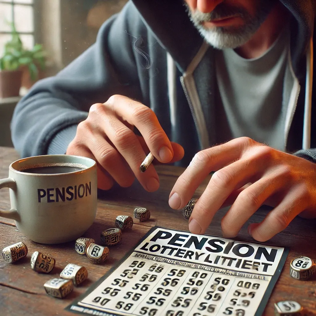 주방 테이블에서 연금복권을 긁으며 기대에 찬 손길과 커피잔이 함께 보이는 모습