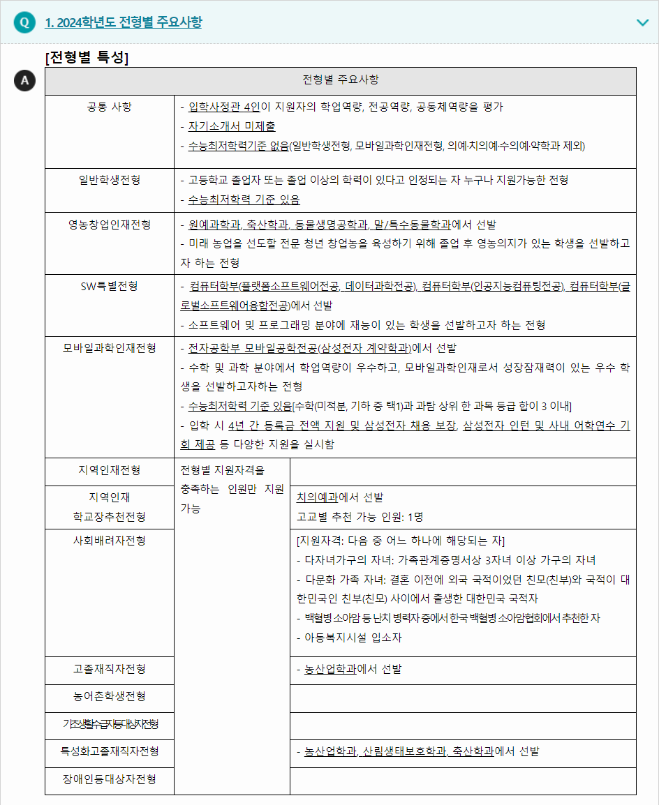 2024학년도 경북대학교 학생부종합전형 전형별 주요사항