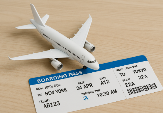 모형 비행기와 비행기 티켓 이미지