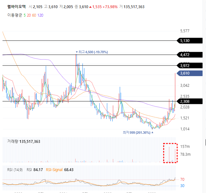 웰바이오텍 주봉차트