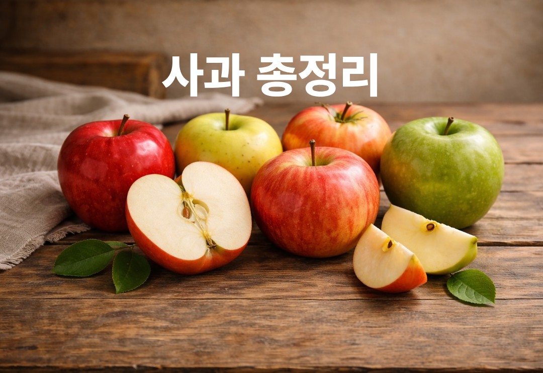 여러 종류의 사과와 반으로 자른 사과를 함께 보여주는 사과 정보 허브글 대표 이미지