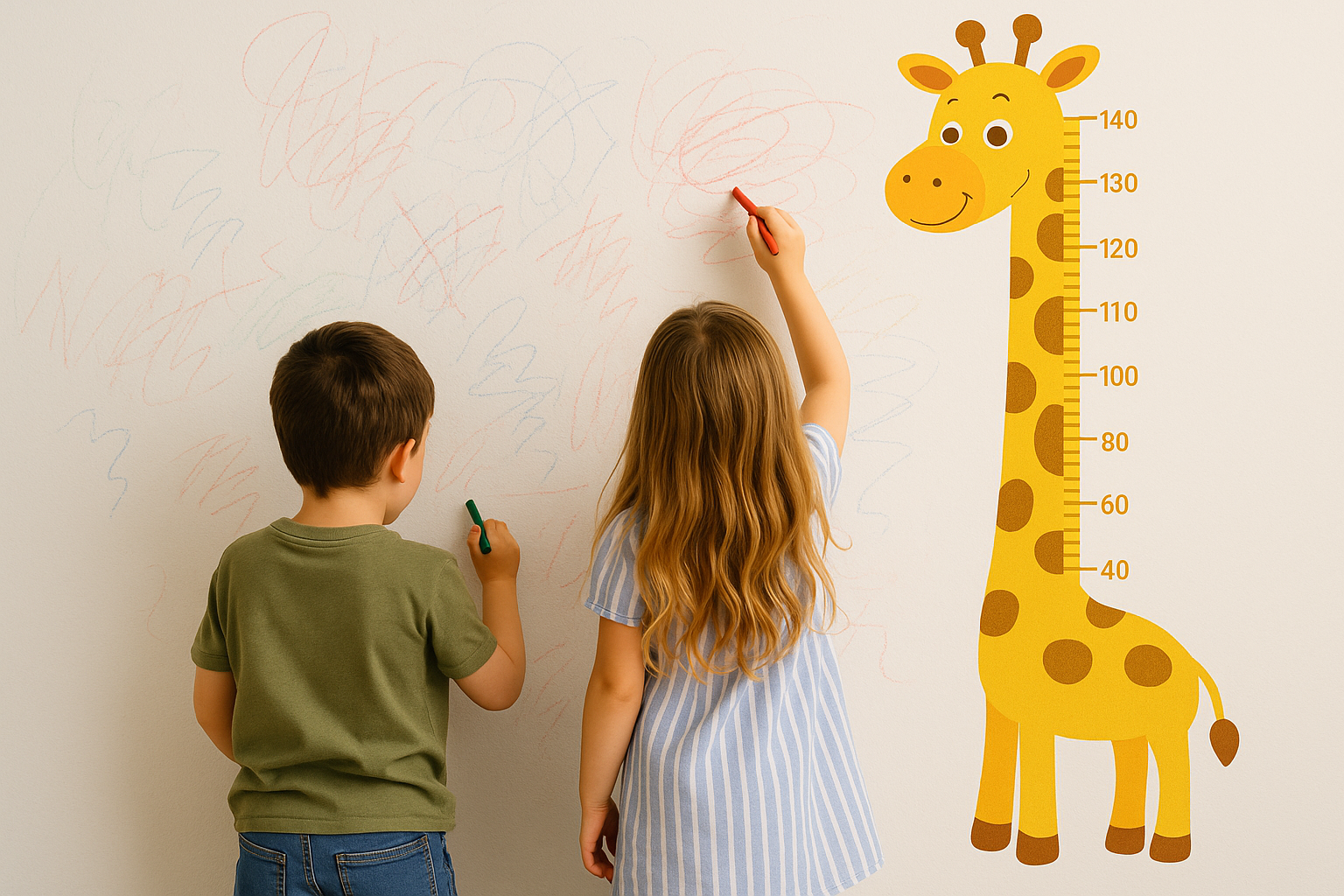 남자 아이, 여자 아이가 벽에 낙서 하고있는 사진